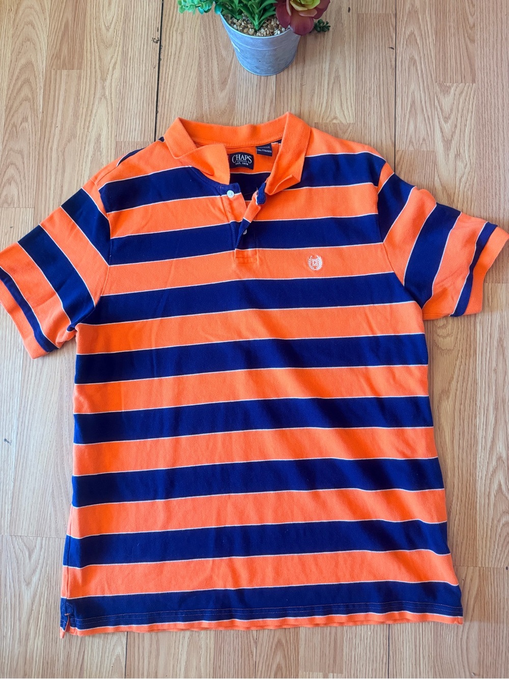 Chaps Polo Shirt Mens XXL Orange and Blue Striped Short Sleeve, collared,As new.